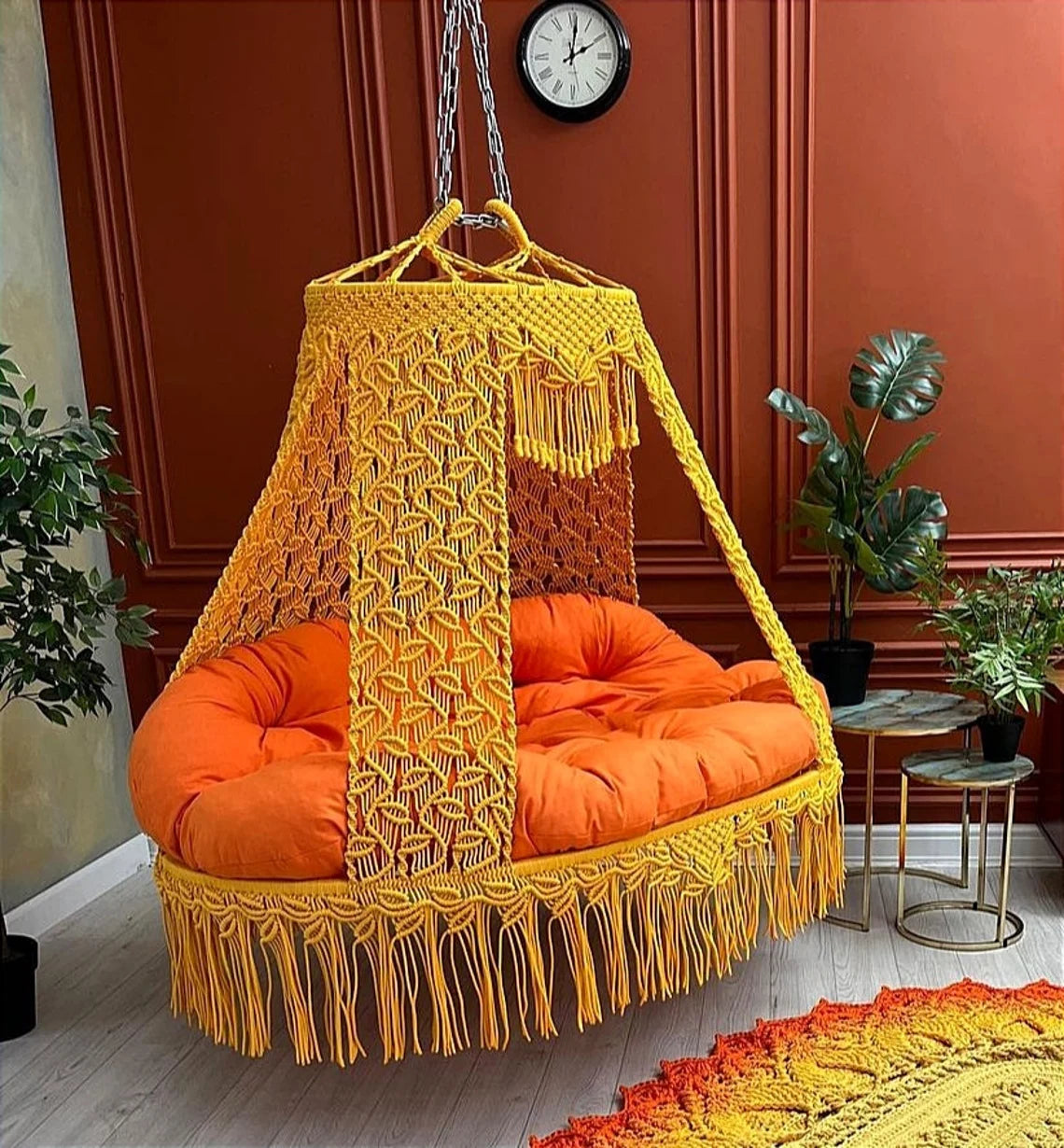 Yellow Macrame Sofa Swing With Mattress And Cushions - Leechoo